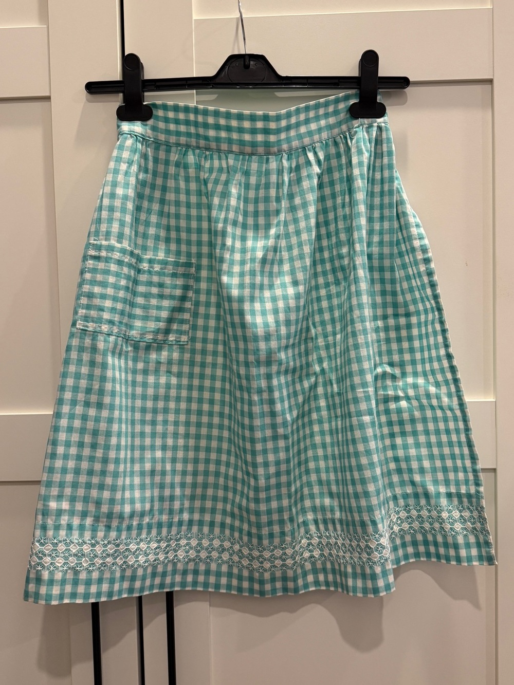 Vintage Gingham Cotton Apron in Aqua Mint Green and White Embroidered One Size